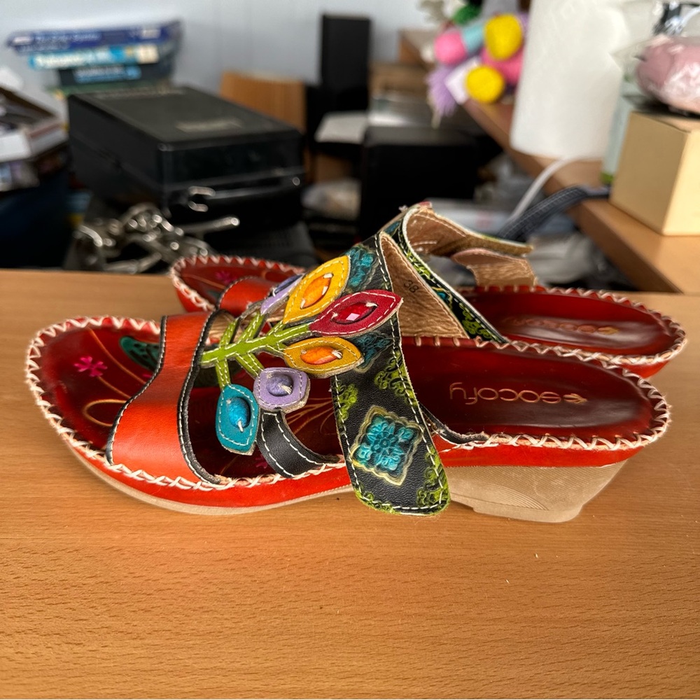 Socofy Leather Boho Floral Sandals Wedges - Picture 5 of 8